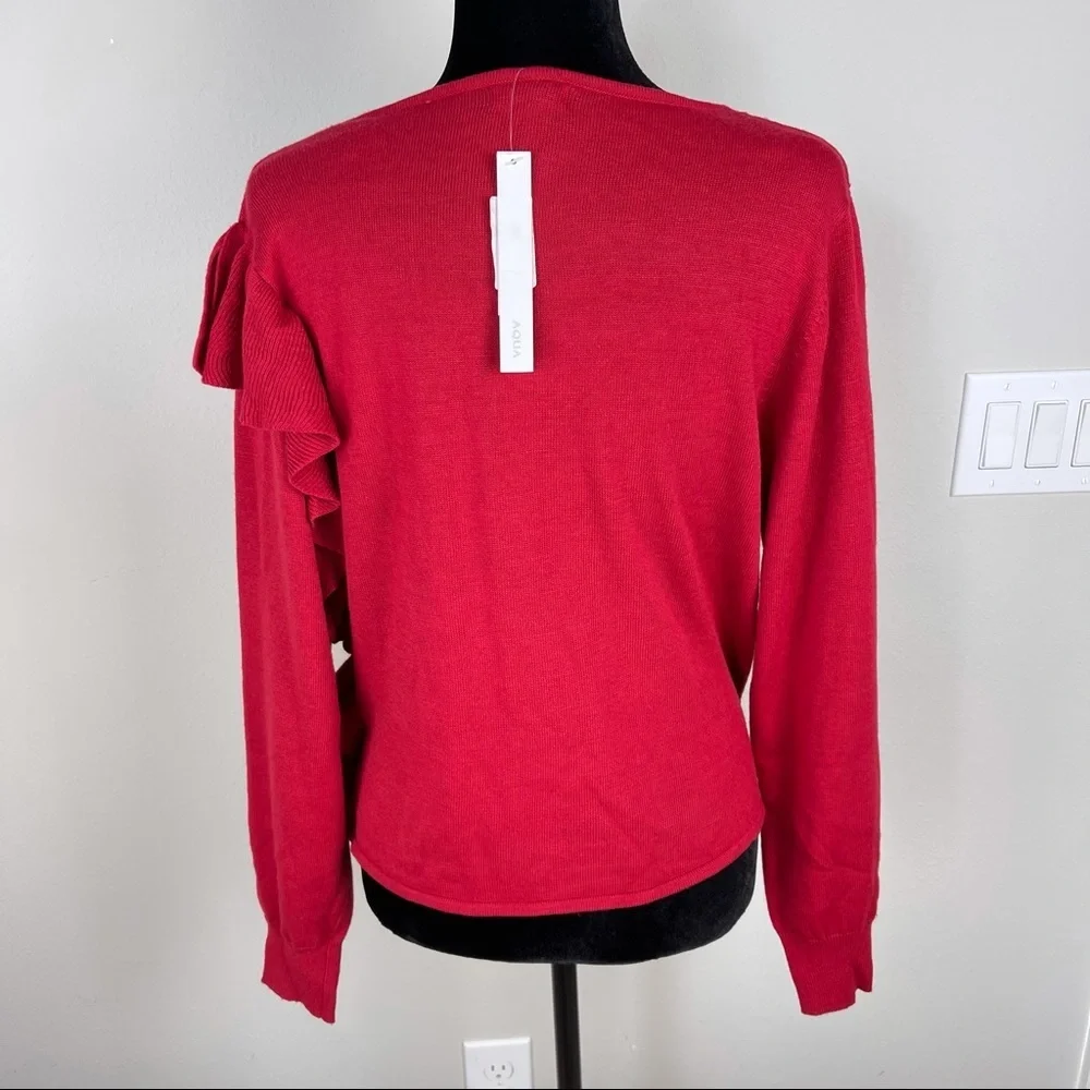 NWT Aqua Ruffled Knit Long Sleeve V-Neck Sweater - Picture 4 of 13